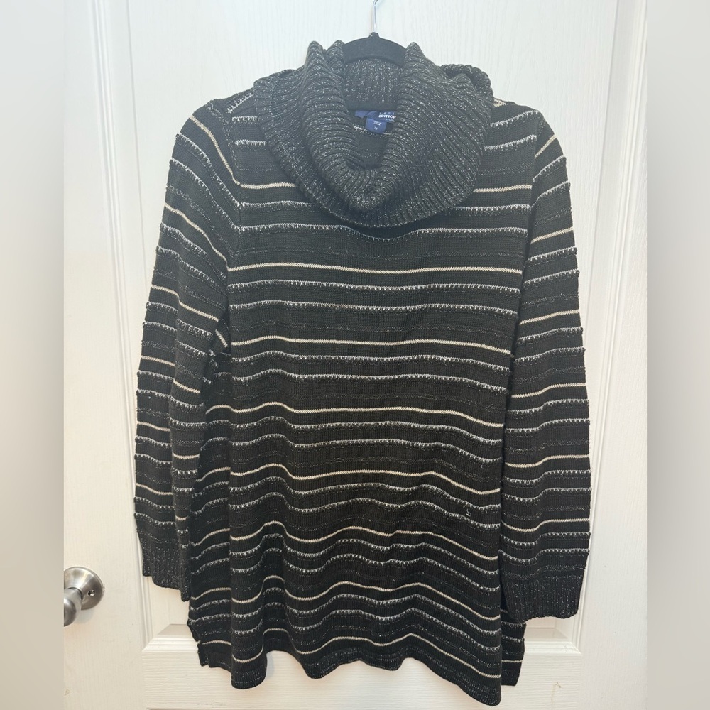 Basic Editions Black and Gray Striped Cowl Neck Sweater